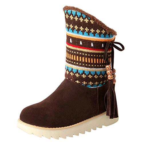 Snow Mid Calf Boots Women Boho Knitted Cuff Ethnic Vintage