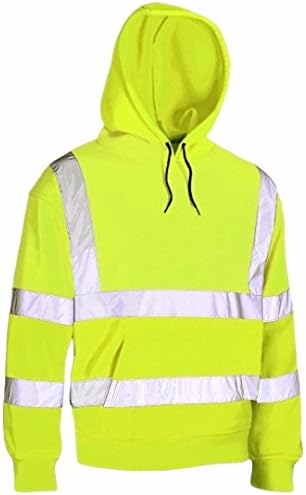 HIGH VISIBILITY HOODED HI VIZ VIS SWEATSHIRT FLEECE SCURITY SHIRTS ZIP REFLECTIVE BAND HOODIES SAFETY WORK WEAR JUMPER HOODY TOP POLLOVER (Large, Yellow / Pullover)