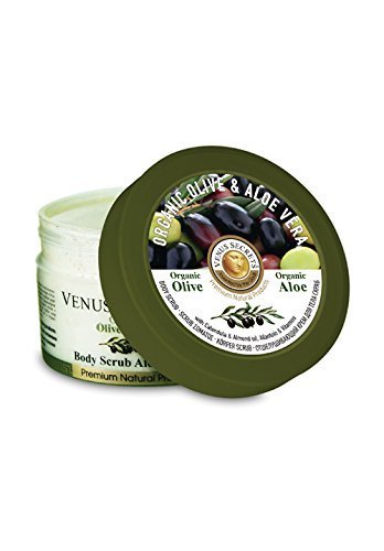 Body Scrub Exfoliator With Organic Aloe Vera, Olive Oil , Calendula , Almond Oil, Allantoin & Vitamins - 280ml - Exfoliates, Moisturizes, Soothes and Promotes Glowing and Radiant Skin (Olive & Aloe Vera )