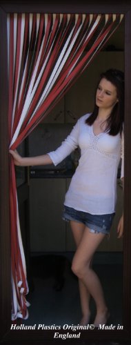 Resistente cortina de tiras, antimosquitos, para marco de puerta de 80 cm de ancho (estándar en el Reino Unido), con ganchos autoadhesivos para marcos de PVC-U, RED & WHITE