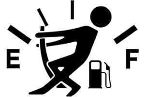 Autocollant pour trappe à essence de voiture. Bonhomme qui retient la jauge de carburant. Drôle, humour.