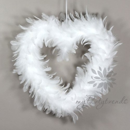 Hochzeitsherz, Ø ca. 28 cm, weiß, mit Naturfedern (Federherz, Dekoherz, Hochzeitsdeko, Hochzeitsdekoration, Federnherz, weißes Herz mit Federn) von MYPARTYTRENDS