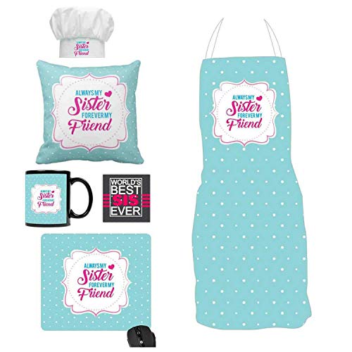 Yaya Cafe Birthday Bhaidooj Gift Combo for Sister - Always My Sister Forever Gift Hamper Set of 6 - Apron,Chef Hat, Mug, Cushion Cover, Mousepad, Coaster