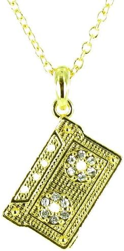 Clear Crystal on Gold Plated Mini Music Tape Cassette Necklace