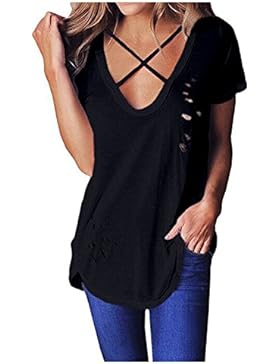 Beaii Damen Sommer Oversize Kurzarm Tiefe V-Ausschnitt mit Schnürung Vorne Loch Lose T-Shirt Bluse Oberteil Tops