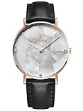 Alienwork Damen-Armbanduhr Quarz Rose-Gold mit Lederarmband schwarz Weiss Perlmutt Ultra-flach Slim-Uhr elegant