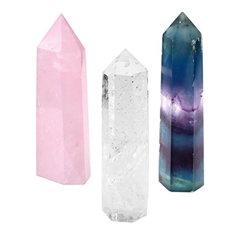 QGEM 3pcs Quartz Cristal de Roche,Quartz Rose,Fluorite en Pierre Naturelle Brute Prisme Multicolore Pointu Hexagone pr Méditation Chambre Décor