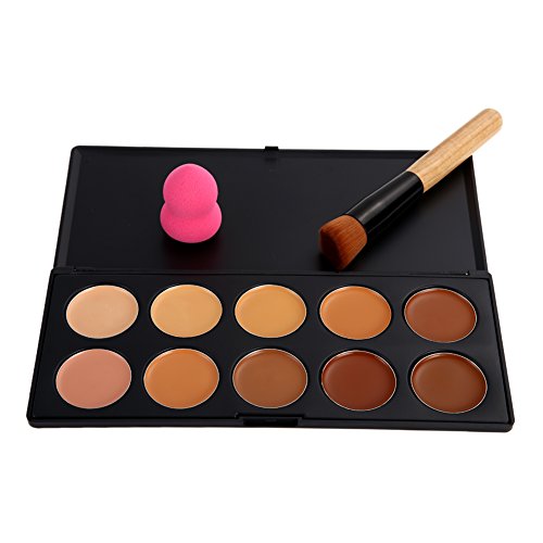 Chinatera 10 Colors Contour Face Cream Makeup Concealer Palette + 1Pcs Rosy Gourd Sponge Puff + 1Pcs Oblique Head Powder Brush