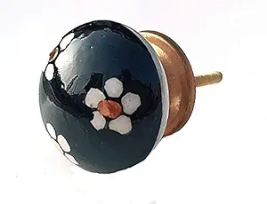 AURA CREATIONS Ceramic Drawer knobs for Dresser Cupboards Ceramic Cupboard Cabinet Door Knobs Hand Painted Unique Round Black Knobs White Flower Designer Knobs and Handles Pack of 6