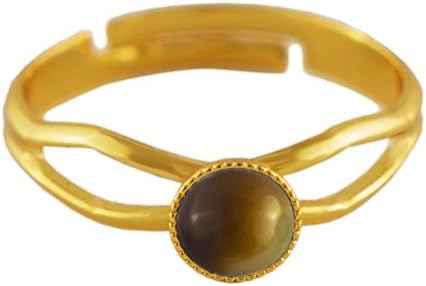 24K Gold Plated Minimalist Ring Adjustable Universal Size Round 5mm Light Brown Agate Striped Czech Glass Stone Handmade BohemStyle