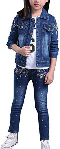 Kids Girls Clothing Set Embroidered Flower Denim Jacket + Jeans Pants Suit Outfit Age 6-14 Years