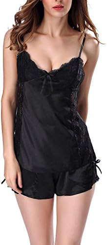 VEENE Women Stain Short Lingerie Lace Cami Sets Pajama Sleepwear (M, Black)
