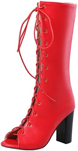 Artfaerie Womens High Heels Lace up Knee High Court Shoes Peep Toe Block Heel Sandals Summer Long Boots
