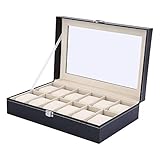 Yosoo Kunstleder Uhr Aufbewahrungsbox Armbanduhr Storage Box Ausstellungsstand Uhrenkasten für 6,10,12,20 und 24 Uhren Schwarz (12 Uhren)