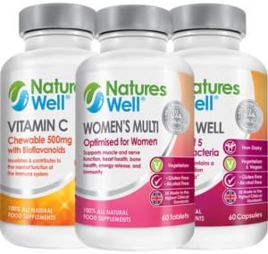 Women’s Travellers &amp; Pilgrims Bundle, 100% Halal Certified &amp; Kosher, Potent &amp; Premium Quality Supplements, Women’s Multi Vitamin, Biotic Well (Probiotic), Vitamin C 500mg all 60 Supply, Optimised Vegetarian Supplements by Natures Well