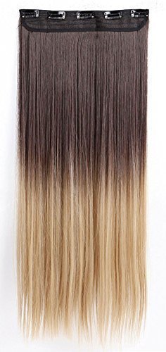 S-noilite® Damen Premium-Lang Glatt Haarverlängerung Haare Clip-in Dip Dye Ombre Menschen gemacht Haarteile(63CM,Dunkelbraun bis Graublond)