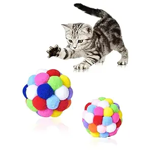 Pets Empire Cat Toys Balls Cat Pompoms Balls with Bell Colorful Pet Plush Bouncy Ball - ( Size : 5 cm ) Pack of 2