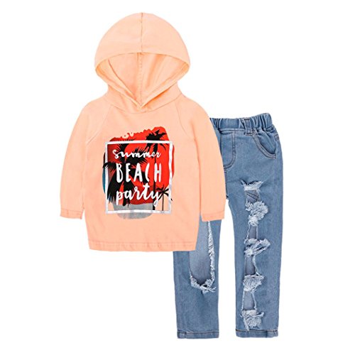 Preisvergleich Produktbild URSING Kleinkind Baby Mädchen Lange Ärmel Kapuzenhemd Kapuzenpullover + Loch Denim Hose destroyed Zerrissene baggy jeans skinny röhrenjeans hose mit löchern loose fit jeans Kinderkleidung Outfits gesetzt (Orange, 110)