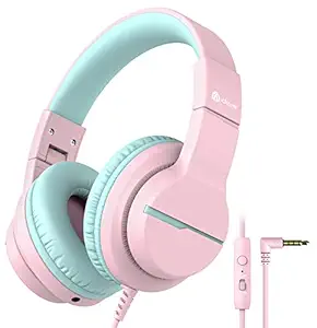 iClever HS19 Kids Headphones for Girls with Mic, Wired Headset for Kids, Volume Limiter 85/94dB, Sharing Function Foldable Headphone for Child Online School/iPad/PC, Pink