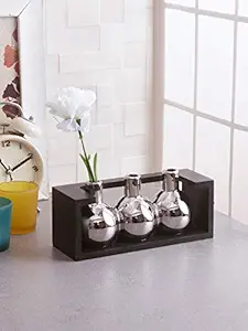 Fourwalls Stylish Ceramic Flower Vase in a Wooden Frame (10 cm x 7 cm x 21 cm, Sliver)