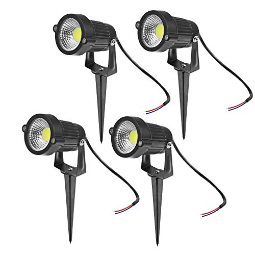 LemonBest® Lampada per esterni da pavimento Faretto da giardino Stagno Faretto da giardino con picchetto, 5 W alluminio COB luce di inondazione, Bianco freddo, AC 85 - 265 V, confezione da 4 pezzi
