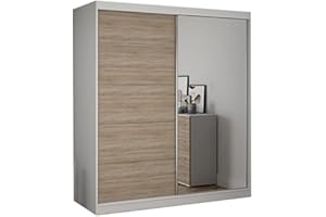 Fabryka Mebli Idźczak Schiebetürenschrank, eleganter Kleiderschrank Schrank Garderobe Spiegel Bella 03, Schlafzimmer- Wohnzimmerschrank Schiebetüren Modern Design (Weiß/Sonoma)