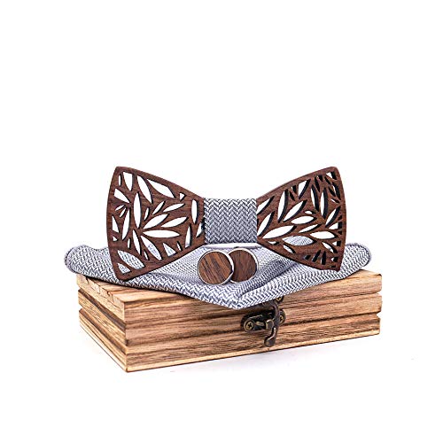 Hito Noeud papillon en bois fait à la main pour homme classique + 1 paire de boutons de manchette avec boucle + mouchoir + broche en bois à fleurs bleu foncé