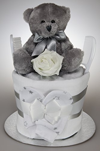 Baby Boy Girl Unisex Nappy Cake With Silver Teddy Bear New Baby Shower Gift Present (One Tier)