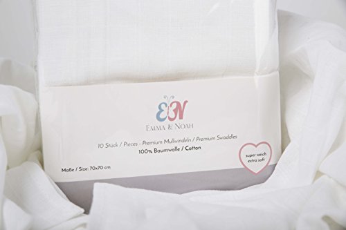Emma & Noah Mullwindeln, 10er Pack, 100% Baumwolle, Oeko-Tex 100, kochfest 90°C, 70 cm x 70 cm, kuschelig weiche Baby Spucktücher, Farbe: Weiß, ideal als Mulltücher, Stoffwindeln, Molton-Tücher, Stilltuch, Schmusetuch - 8