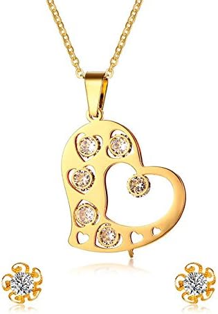 Aruie Charm Jewellery Set Hollow Heart Zircon Inlaid Pendant Necklace Flower Petal Stud Earrings Gold Plating Stainless Steel Bling Anniversaty Christmas Gift For Girls Ladies Women