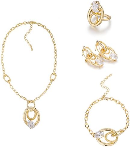 Janeo Jewellery Sets, Luxury 3 & 4 PiecesLove Jewellery Set, Pendant Necklace Earrings, Bracelet & Ring. 4 Pieces. Clear Swiss Crystal Elements on 14K Gold Plating. Under £30 Gift for Her Special Occasion, Christmas, Evening Cocktail