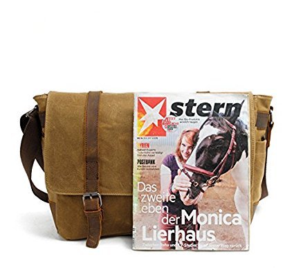 Y-DOUBLE Wasserdicht Vintage Canvas Leder Messenger Bag Umh  ngetasche Aktentasche Schultertasche 14 Zoll Laptoptasche Notebooktasche aus Canvas und L