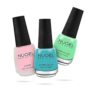 NUGEL Non UV Gel NAIL POLISH, 13ml, NEON LIGHTS Lacquer Combo : 3 NAIL POLISH - Pink Lacy Matte - M01, Cyan Blue - 90, Screen Green - 91 for Nail Art - N08