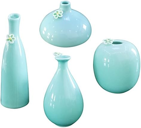 (Set of 4) HeHe Ceramic Vase , Mini Ceramic Flower Vase for Home Decoration, Wedding Centrepiece Table Décor &amp; Restaurant , Hand-carved Vase - Lightcyan