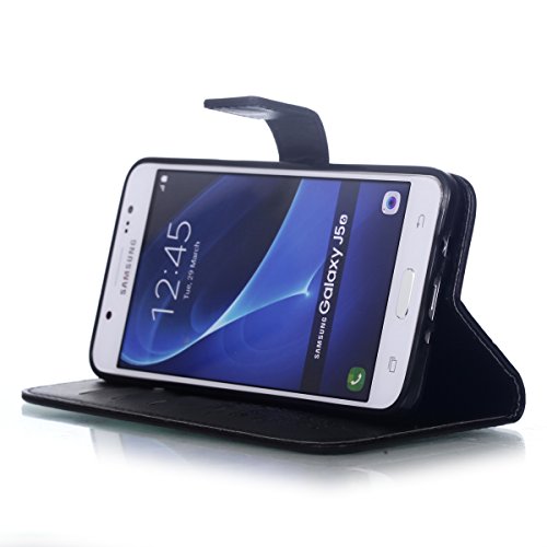 Slynmax Weich Leder Tasche Schutzhülle für Samsung Galaxy J5 (2016) DUOS Smartphone 5,2 Zoll Hülle mit Lanyard Flip Cover Wallet Case Etui Rose Blumen Embossed Design Hand Strap Brieftasche Lederhülle im Bookstyle Ultra Slim Ledertasche Handyhülle Schutz-Hülle Handytasche Shell Schale Klapphülle Rückseite mit Stand Ständer Credit Karten Slot und Magnet Magnetverschluss + 1x Eingabestift Touchstift Stylus - 5