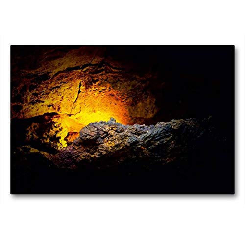 Calvendo Premium Textil-Leinwand 90 cm x 60 cm quer, Lavahöhle in der Fundación César Manrique | Wandbild, Bild auf Keilrahmen, Fertigbild auf echter Leinwand. gelangt Man an einen See Orte Orte