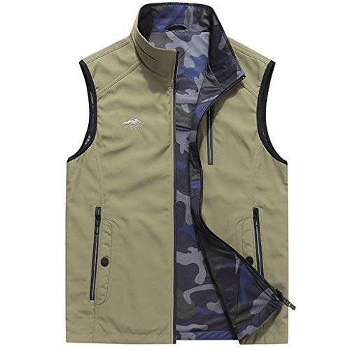 WTL Chaleco de Bolsillo Chaleco de los Hombres Collar de sección Delgada de Primavera de los Hombres Chaleco de Doble Cara Chaleco Impermeable y de Secado rápido Sueltos (Color : Khaki, Tamaño : L)