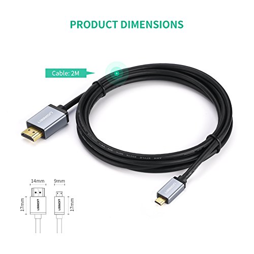 Micro HDMI auf HDMI UGREEN High Speed Kabel 2M mit Ethernet Vergoldete Kontakte Unterstützung 1080p 3D,4K-Auflösung und ARC, Micro HDMI D Stecker auf HDMI A Stecker Alu-Gehäuse Schwarz - 7
