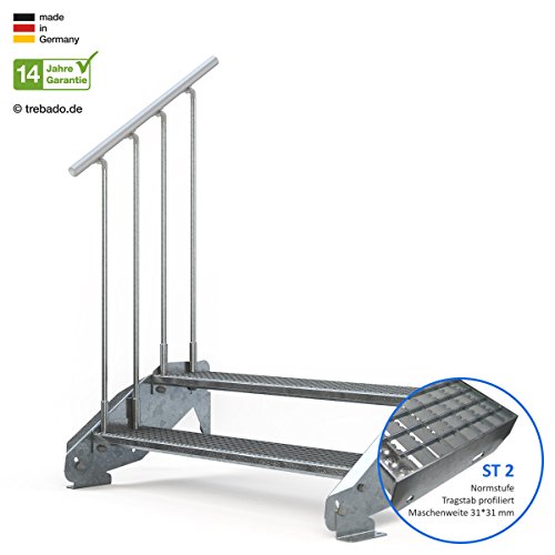 Preisvergleich Produktbild Außentreppe 2 Stufen 120 cm Laufbreite - einseitiges Geländer links - Anstellhöhe variabel von 29 cm bis 44 cm - Gitterroststufe ST2 - feuerverzinkte Stahltreppe mit 1200 mm Stufenlänge als montagefertiger Bausatz
