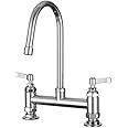 Commercial Kitchen Mixer Tap Double Wheel Handle with Swivel Spout Sink Tap, 2 Hole 8 Inch Center Deck Mounted, Brass Constructed Polished Chrome (6inch spout)