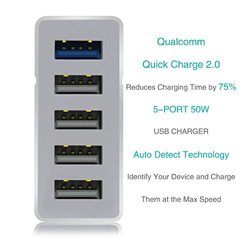 USB Ladegerät Schnelle Ladefunktion Delippo® 50W 5-Port Qualcomm Quick Charge 2.0 Lade Adapter fürSamsung Galaxy S7 S6 / Iphone / Sony Xperia Z5 Z4 Z3 / HTC / LG / Sharp Aquos usw - 3