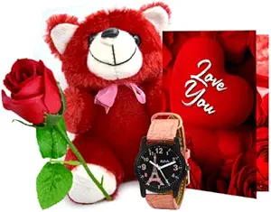 ME & YOU Birthday Gift for Girlfriend, Wife and Special Person | Love Romantic Gift ( Teddy Bear | Artificial Rose | Love Greeting Card | Girls Watch )