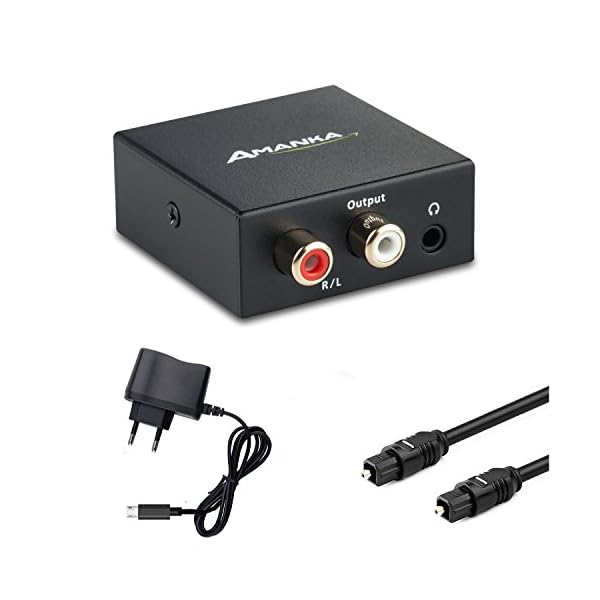 DA Wandler AMANKA DAC Digital SPDIF Toslink zu Analog Stereo Audio Konverter mit Netzteil 5V/DC und Optischem Kabel, R/L 3.5mm Jack, für PS3, PS4, Xbox, HD TV, Schwarz