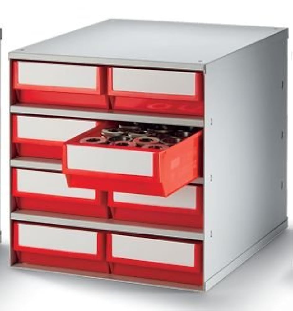 Schubladenmagazin, Gehäuse-Traglast 75 kg - HxBxT 395 x 380 x 400 mm, 8 Schubladen - Schubladen rot - Klarsichtmagazin Kleinteilemagazin Lagersystem Magazin Schubladenmagazin Schubladensystem
