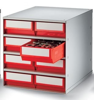 Schubladenmagazin, Gehäuse-Traglast 75 kg - HxBxT 395 x 380 x 400 mm, 8 Schubladen - Schubladen rot - Klarsichtmagazin Kleinteilemagazin Lagersystem Magazin Schubladenmagazin Schubladensystem