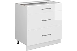 ‎VICCO Vicco Küchenunterschrank Fame-Line, Weiß Hochglanz/Weiß, 80 cm mit 3 Schubladen, ohne Arbeitsplatte