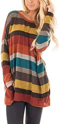Honeykoko Women's Striped Long Sleeve Top Blouse Round Neck Shirt High Low Hem Sweatshirt