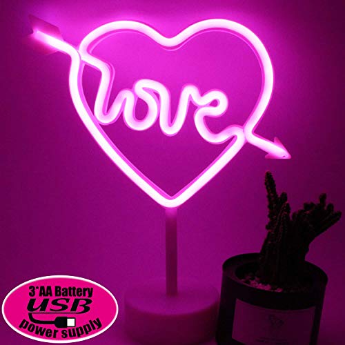 XIYUNTE Amour néon Enseignes lumineuses avec piédestal Coeur de cupidon Néon Veilleuses de la chambre, Batterie et alimenté par USB Éclairage intérieur, Décor pour chambre, Mariage, Fête, Noël