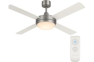 UNIVERSALBLUE Ventilador de techo con luz LED | Aspas reversibles inox y blanco | Ventilador silencioso con Motor AC | Mando a Distancia | Diámetro 106 cm | Temporizador | Accesorios 1 Bombilla