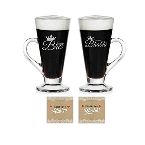 YaYa Cafe™ Anniversary Gifts for Brother Bhabhi King Bro Queen Bhabhi Glass Tea Cups Coaster Set of 4